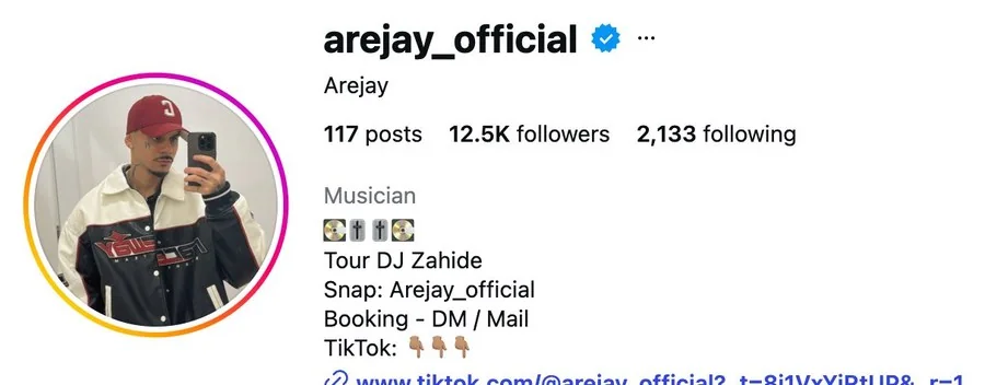 arejay official Instagram, verified musician, 12.5K followers